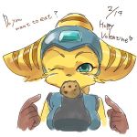  1:1 2016 abemaru angela_cross anthro better_version_at_source blush brown_nose cheek_tuft clothing cookie cute_fangs dialogue ear_markings ears_down english_text eyelashes facial_markings facial_tuft fangs female food fur gesture gloves green_eyes hair handwear hat head_markings head_tuft headgear headwear lombax looking_at_viewer mammal markings mouth_hold one_eye_closed pivoted_ears pointing ponytail ratchet_and_clank signature simple_background solo sony_corporation sony_interactive_entertainment talking_to_viewer text tuft video_games white_background yellow_body yellow_fur 