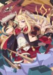  1girl 2560269483 absurdres blonde_hair blue_eyes bow brooch cagliostro_(granblue_fantasy) capelet cloak dress frilled_dress frilled_skirt frills granblue_fantasy headband highres jewelry long_hair looking_at_viewer one_eye_closed red_bow skirt 