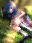  1girl animal_ears asymmetrical_footwear bloomers blue_dress blue_hair boots bunny_ears bunny_tail crescent_print cross-laced_footwear dappled_sunlight dress ear_clip grass hand_on_own_thigh highres kayon_(touzoku) looking_at_viewer low_twintails lying on_grass on_ground on_side parted_lips puffy_short_sleeves puffy_sleeves red_eyes seiran_(touhou) short_hair short_sleeves solo star_(symbol) star_print sunlight tail tearing_up touhou twintails two-tone_footwear underwear 