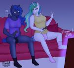 anthro breasts bulge clothed clothing controller digital_media_(artwork) equid equine eyebrows female footwear friendship_is_magic furniture game_controller gynomorph hair hi_res horn horse intersex mammal my_little_pony open_mouth pillow pony princess_celestia_(mlp) princess_luna_(mlp) shirt simple_background socks sofa television text timidwithapen topwear underwear vest winged_unicorn wings 