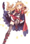  1girl blonde_hair blue_eyes bow brooch cagliostro_(granblue_fantasy) capelet cloak dress frilled_dress frilled_skirt frills granblue_fantasy hand_in_hair headband jewelry long_hair pimgier red_bow skirt smile 
