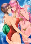  2girls ass ball bangs beachball bikini blue_eyes breasts brown_eyes brown_hair cloud commentary cowboy_shot dutch_angle frilled_bikini frills hair_between_eyes hairband highres holding holding_ball holding_beachball long_hair looking_at_viewer looking_back medium_breasts megurine_luka meiko meriko multicolored_hairband multiple_girls one-piece_swimsuit one_eye_closed open_mouth outdoors pink_hair red_swimsuit short_hair side-tie_bikini side-tie_bottom sideboob sky smile swimsuit thighs upper_teeth vocaloid water waves wet yellow_bikini 
