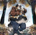  anthro aokmaidu autumn belly bernese_mountain_dog black_body black_fur brown_body brown_fur button_pop canid canine canis claws clothed clothing detailed_background domestic_dog fur male mammal midriff molosser mountain_dog muffin_top navel obese obese_anthro obese_male outside overweight overweight_anthro overweight_male scarf solo standing straining_buttons struggling swiss_mountain_dog tight_clothing toe_claws tree white_body white_fur 