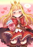  1girl blonde_hair blush bow brooch cagliostro_(granblue_fantasy) capelet chocolate cloak dress food frilled_dress frilled_skirt frills frown granblue_fantasy headband heart holding holding_chocolate holding_food ichihaya jewelry long_hair looking_at_viewer red_bow scribble skirt yellow_eyes 