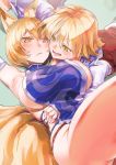  2girls animal_ears arm_under_breasts breasts fang fox_ears fox_tail fundoshi hand_under_clothes highres japanese_clothes large_breasts looking_at_another multiple_girls multiple_tails no_bra no_pants short_hair slit_pupils tail toramaru_shou touhou yakumo_ran yellow_eyes yohane yuri 