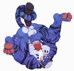  4_toes 5_fingers abs absurd_res anthro anus balls biceps big_balls big_penis black_body black_eyebrows black_fur blue_body blue_fur bodily_fluids butt claws cum cum_in_mouth cum_in_own_mouth cum_in_self cum_inside cum_on_face cum_on_own_face cum_on_self cumshot dildo ejaculation erection eyebrows facial_markings felid fingers fur genital_fluids genitals hair hand_on_leg head_markings hi_res huge_balls huge_dildo huge_penis humanoid_genitalia humanoid_penis male mammal markings masturbation muscular muscular_anthro muscular_male open_mouth pantherine pawpads pecs penile penile_masturbation penis pink_nose pink_pawpads quads scar sex_toy short_hair solo spread_legs spreading striped_body striped_fur stripes tiger tiger_est toes upside_down white_balls white_body white_claws white_fur white_hair 