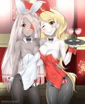  ;) animal_ears arm_around_waist black_neckwear blonde_hair bow bowtie breasts bunny_ears charlie_magne cleavage commission covered_navel cowboy_shot detached_collar fake_animal_ears fangs fishnet_legwear fishnets grey_eyes grey_skin grin hazbin_hotel holding holding_plate indoors leotard long_hair medium_breasts okamired one_eye_closed pale_skin pantyhose plate playboy_bunny smile strapless strapless_leotard teeth vaggie very_long_hair white_hair white_leotard wing_collar wrist_cuffs 