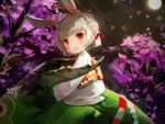  1girl :o animal animal_ears blush braid bunny_ears hanchan long_sleeves looking_at_viewer night obi onmyoji outdoors red_eyes riding sash short_hair silver_hair sitting standing tree yamausagi 