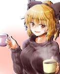  1girl blonde_hair breasts brown_eyes brown_ribbon brown_sweater coffee coffee_mug commentary_request cup eyebrows_visible_through_hair gradient gradient_background hair_ribbon highres holding holding_cup kurodani_yamame long_sleeves looking_at_viewer mug open_mouth oshiaki pink_background ribbed_sweater ribbon smile solo sweater touhou upper_body 