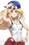  1girl backwards_hat baseball_cap blonde_hair blush bracelet breasts choker cleavage covered_navel cowboy_shot fate/grand_order fate_(series) green_eyes hand_on_headwear hand_on_hip hat highres jewelry long_hair looking_at_viewer mordred_(fate)_(all) one-piece_swimsuit sketch small_breasts solo swimsuit swimsuit_under_clothes tonee white_background 