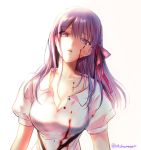  1girl bangs blood blood_on_face breasts cleavage collarbone dress fate/stay_night fate_(series) hair_ribbon heaven&#039;s_feel highres large_breasts long_hair looking_at_viewer matou_sakura mintes open_mouth parted_lips purple_eyes purple_hair ribbon short_sleeves simple_background white_background white_dress 