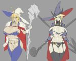  2girls adapted_costume ahoge artoria_pendragon_(all) artoria_pendragon_(lancer) artoria_pendragon_(lancer_alter) belt black_gloves black_headwear black_horns black_legwear blonde_hair blue_legwear breasts caster dual_persona dual_wielding eu03 fate/grand_order fate_(series) fingerless_gloves gloves grey_background hat highres holding horns horns_through_headwear huge_breasts long_hair multiple_girls navel panties platinum_blonde_hair revealing_clothes sidelocks staff underwear white_headwear white_panties wizard wizard_hat work_in_progress 