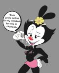  2020 accessory animaniacs anthro black_body bodily_fluids bottomwear breasts clothed clothing cum cum_on_face cum_on_hand dialogue dot_warner english_text female flower flower_in_hair front_view gametimeasia genital_fluids gloves grey_background hair hair_accessory half-closed_eyes hand_on_hip handwear hi_res inkblot mammal narrowed_eyes nipples open_mouth open_smile pink_bottomwear pink_clothing pink_nipples pink_skirt plant portrait red_nose simple_background skirt smile solo speech_bubble standing talking_to_viewer text three-quarter_portrait topless warner_brothers 