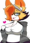  &lt;3 anthro better_version_at_source big_breasts blue_eyes breasts canid clothing cute_fangs eyewear fangs female glasses hi_res jhenightfox julie_(jhenightfox) mammal shirt simple_background solo sweater t-shirt topwear white_background wide_hips 