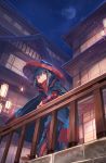  1girl against_railing architecture black_cape black_hair blue_sky cape closed_mouth east_asian_architecture full_moon hat highres kohari_(shichigatsu) moon one_eye_closed original outdoors red_eyes rice_hat sandals shichigatsu sky smile solo standing 