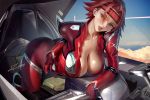  1girl banned_artist blue_eyes blush bodysuit breasts cleavage cloud code_geass kallen_stadtfeld large_breasts looking_at_viewer mecha open_clothes red_bodysuit red_hair solo zumi_(zumidraws) 