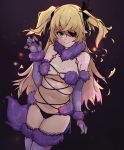  1girl alternate_costume bandages bare_shoulders black_panties blonde_hair breasts claws cosplay cowboy_shot dangerous_beast eyepatch fate/grand_order fate_(series) fischl_(genshin_impact) fur-trimmed_gloves fur_trim genshin_impact gloves green_eyes hair_ribbon highres looking_at_viewer mash_kyrielight mash_kyrielight_(cosplay) navel panties revealing_clothes ribbon small_breasts solo todding twintails underwear 