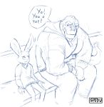  2018 absurd_res anthro bottomwear clothed clothing dialogue duo hi_res hoodie lagomorph leporid looking_at_another male mammal monochrome pants rabbit scalie simple_background sitting size_difference sketch small_dom_big_sub spedumon sweater topwear 