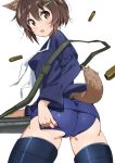  1girl animal_ears ass blue_legwear blue_sailor_collar blue_shirt blue_swimsuit brave_witches brown_eyes brown_hair commentary_request dog_ears dog_tail from_behind furuyama_itaru gun highres karibuchi_hikari looking_at_viewer looking_back sailor_collar sailor_shirt school_swimsuit shell_casing shirt short_hair simple_background solo striker_unit swimsuit tail thighhighs weapon white_background world_witches_series 