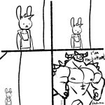  1:1 2020 abs anthro big_muscles black_and_white clothed clothing comic dialogue dragon duo hi_res horn huge_muscles humor hyper hyper_muscles lagomorph leporid macro male mammal monochrome muscular muscular_anthro muscular_male nipples nude pecs rabbit scalie size_difference size_play small_dom_big_sub smile spedumon spikes spikes_(anatomy) 