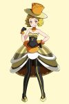  1girl :q bare_arms black_gloves blonde_hair blush breasts cleavage commentary eyelashes full_body gloves hand_on_hip hand_up hat looking_at_viewer nita_(pokemon) orange_eyes pokemon pokemon_(game) pokemon_xy shoes short_hair simple_background smile solo stand tongue tongue_out top_hat tsukishiro_saika yellow_background yellow_footwear 