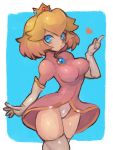  1girl adapted_costume alternate_hairstyle blonde_hair blue_eyes blush breasts crown dakusuta dress earrings elbow_gloves gloves heart highres index_finger_raised jewelry large_breasts mario_(series) pink_dress princess_peach short_hair solo thighhighs 
