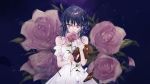  1girl blue_hair crying dress feathers flower highres holding holding_flower looking_at_viewer original paint palette pink_flower pink_rose purple_eyes rose shia_job solo white_dress 
