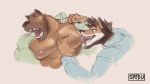  16:9 2018 anthro anthro_on_anthro beard bite brown_body bust_portrait canid canine canis clothed clothing domestic_dog duo facial_hair grey_background hair hi_res male male/male mammal moan multicolored_body muscular muscular_anthro muscular_male narrowed_eyes nipple_bite nipple_fetish nipple_play nipples open_clothing open_mouth open_shirt open_topwear pec_grab pec_squeeze pecs portrait shirt simple_background spedumon topwear two_tone_body white_body widescreen 