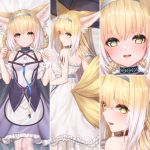  animal_ears arknights blonde_hair breasts chain dakimakura dress fox_ears fox_tail green_eyes hair_ribbon heart heart_eyes pantyhose ribbon suzuran_(arknights) tail ten_no_hoshi white_dress white_legwear 