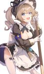  1girl :d alternate_costume apron barbara_(genshin_impact) blue_eyes blush breasts broom cleavage dress ett frilled_dress frills genshin_impact highres maid_apron maid_dress maid_headdress medium_breasts open_mouth paw_print smile solo thighhighs twintails white_legwear 