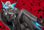  1boy bug butterfly chair crossed_legs facial_hair fate/grand_order fate_(series) formal glasses gloves grey_hair insect izura_mari james_moriarty_(fate/grand_order) leather long_sleeves male_focus mustache partially_colored shoes short_hair spot_color 