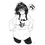  1girl absurdres bare_shoulders breasts cleavage closed_mouth floating glasses greyscale hand_on_hip heart heart_eyes highres kofjp looking_at_viewer medium_hair mei_(overwatch) monochrome overwatch robot signature smile solo 