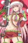  1girl absurdres ammunition_belt bangs bikini blush breasts cleavage costume_combination fate/grand_order fate_(series) florence_nightingale_(fate/grand_order) florence_nightingale_santa_(fate/grand_order) gloves green_bikini green_gloves gun highres holding holding_syringe jacket large_breasts layered_bikini light_machine_gun long_hair long_sleeves looking_at_viewer open_mouth purple_bikini red_headwear red_jacket rubber_gloves santa_costume swimsuit syringe trick_or_treatment weapon xiafuizui 