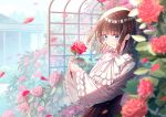  1girl black_dress blue_eyes blush bow brown_hair closed_mouth dress flower frills hair_ornament highres holding holding_flower koh_rd leaf long_sleeves original plant ribbon rose shirt short_hair smile solo standing white_shirt 