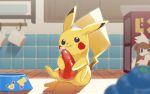  :q black_eyes closed_mouth commentary_request cup food_bowl gen_1_pokemon gen_2_pokemon growlithe guru_(nicocco) holding indoors ketchup ketchup_bottle mug no_humans paws pichu pikachu pokemon pokemon_(creature) sitting tongue tongue_out 