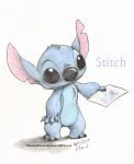  2015 4_fingers alien ambiguous_gender black_claws black_eyes blue_body blue_fur blue_nose character_name chest_tuft claws crayon_(artwork) disney drawing experiment_(lilo_and_stitch) fingers fur head_tuft hi_res lilo_and_stitch male_(lore) notched_ear paper ravenevert solo standing stitch_(lilo_and_stitch) text traditional_media_(artwork) tuft url 