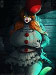  3:4 anthro balloon big_breasts breasts clothed clothing clown cosplay domestic_cat felid feline felis female glowing glowing_eyes huge_breasts it_(stephen_king) katrina_fowler legwear llmixll mammal pennywise_the_dancing_clown solo stephen_king_(copyright) thigh_highs yellow_eyes 