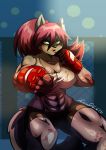  abs anthro bike_shorts bottomwear bra breasts canid canine canis cleavage clothed clothing female fighting_pose fighting_ring fingerless_gloves gloves hair handwear hi_res mammal muscular muscular_anthro muscular_female pose shorts solo sports_bra underwear wolf zelmarr 
