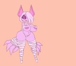  &lt;3 &lt;3_eyes areola bandage big_breasts big_butt breasts bubblemummy butt elfdrago fangs female hi_res huge_thighs humanoid navel one_eye_obstructed pink_body simple_background smile solo standing thick_thighs wide_hips 