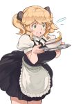  1girl aioi_u aletta alternate_costume apron bangs black_dress blonde_hair blush bowl breasts cowboy_shot dress enmaided eyebrows_visible_through_hair food frilled_apron frills highres isekai_shokudou large_breasts maid maid_dress open_mouth puffy_short_sleeves puffy_sleeves short_sleeves simple_background solo soup tray twintails white_apron white_background 