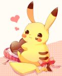  bow brown_eyes chocolate closed_mouth commentary_request food food_on_face gen_1_pokemon heart highres looking_back no_humans paws pikachu pink_bow pokemon pokemon_(creature) sitting solo tail tail_bow ushiina valentine yellow_fur 