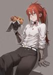  1girl collared_shirt commentary commission cyborg eating eyebrows_visible_through_hair food food_on_clothes hair_between_eyes highres holding holding_food hot_dog jun_(seojh1029) ketchup long_hair mechanical_arms mustard napkin original ponytail red_hair shirt simple_background sitting skeb_commission sleeves_rolled_up solo stained_clothes symbol_commentary 