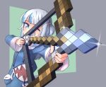  1girl arrow_(projectile) artist_apprentice blue_eyes blue_hoodie bow bow_(weapon) gawr_gura hair_ornament highlights highres holding holding_bow_(weapon) holding_weapon hololive hololive_english hood hoodie light_blush long_hair long_sleeves minecraft multicolored_hair one_eye_closed pocket shark_girl sharp_teeth simple_background smile solo teeth virtual_youtuber weapon white_hair 