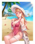  1girl artist_request azur_lane backless_swimsuit beach breasts cleavage covered_navel frilled_swimsuit frills hat highleg highleg_swimsuit highres large_breasts long_hair multiple_straps one-piece_swimsuit orange_hair palm_tree pink_eyes pink_swimsuit richelieu_(azur_lane) richelieu_(flagship_in_the_sea_breeze)_(azur_lane) seashell shell side-tie_swimsuit sitting solo starfish sun_hat swimsuit tree water white_headwear white_innertube 