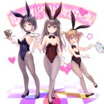  3girls animal_ears bare_shoulders black_footwear black_hair black_leotard blue_eyes blue_footwear blue_leotard bow bowtie breasts brown_eyes brown_hair bunny_ears bunny_tail cameltoe cleavage covered_navel cup detached_collar drinking_glass fake_animal_ears full_body groin hand_on_hip high_heels highleg highleg_leotard highres leotard long_hair mug multiple_girls open_mouth original playboy_bunny red_footwear red_leotard shoes short_hair small_breasts smile strapless strapless_leotard tail tenjou_ryuka thigh_gap thighs tray twintails wrist_cuffs 
