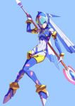  1girl alternate_design android blue_background blue_eyes breasts full_body helmet high_heels highres holding holding_weapon izumo_(ton_63) knees_together_feet_apart leviathan_(rockman) medium_breasts nemo_(leafnight) polearm rockman rockman_zero simple_background solo spear weapon 