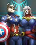  anthro anthro_on_anthro big_breasts breasts brown_body brown_fur canid canine canis captain_america captain_marvel clenched_teeth clothed clothing costume domestic_dog duo elnora_magner fangs female fur green_eyes grey_body grey_fur hair hi_res holding_object husky link2004 male male/female mammal marvel michael_sanchez nordic_sled_dog one_eye_closed open_mouth open_smile shield simple_background smile spitz suit teeth white_body white_fur white_hair yellow_eyes 