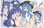  2girls arms_behind_back ass barefoot black_headwear blue_eyes blue_hair blue_skirt blue_swimsuit blush bow bracelet competition_swimsuit covered_navel feet food fruit grey_shirt groin hair_bow hat highleg highleg_swimsuit highres hinanawi_tenshi jewelry legs long_hair looking_back low-tied_long_hair multiple_girls one-piece_swimsuit open_mouth panties panties_removed peach red_eyes ribbon shirt sitting skirt skirt_removed spread_legs swimsuit swimsuit_under_clothes thighs toes touhou turnip_kabura underwear white_panties white_swimsuit yorigami_shion 