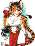  anthro athletic boxing_gloves breasts cleavage clothed clothing felid female hair handwear looking_at_viewer mammal pantherine solo sportswear standing terrie_smith tiger 