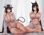  2girls absurdres animal_ears arm_support armlet atago_(azur_lane) atago_(midsummer_march)_(azur_lane) azur_lane bangs bare_shoulders barefoot bed_sheet bikini blush breasts brown_eyes brown_hair choker cleavage commission criss-cross_halter cross-laced_bikini_top curtains curvy extra_ears finger_to_mouth flower hair_between_eyes hair_flower hair_ornament halterneck highres kashino_(azur_lane) large_breasts long_hair multiple_girls navel nonekong off_shoulder open_mouth purple_eyes see-through sitting smile swimsuit thick_thighs thighlet thighs underboob white_bikini white_choker white_swimsuit 